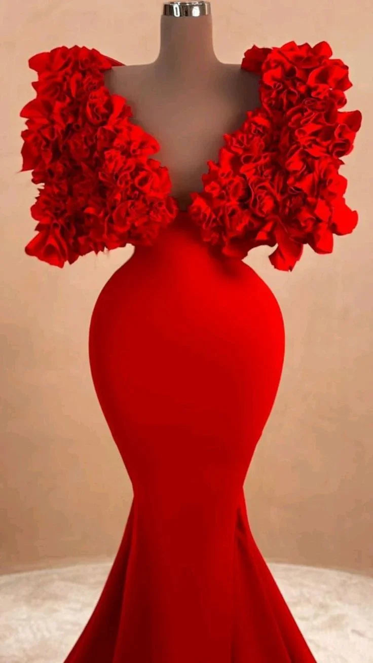 Feminino vermelho longo vestido de noite sereia vestido formal babados nuvem ombro y4932