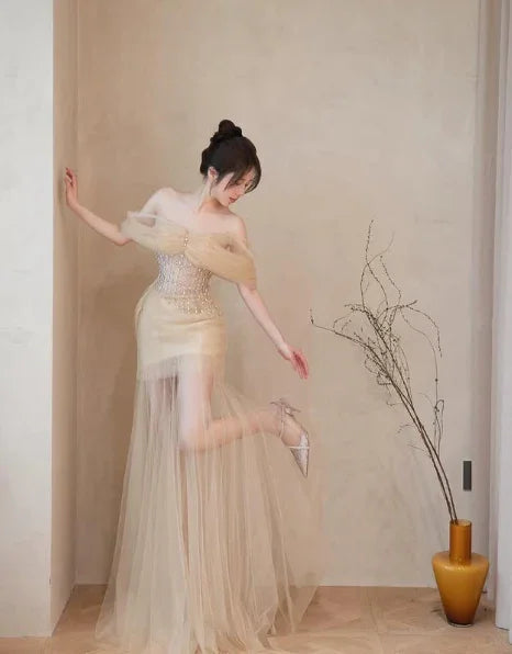 Champagne Tulle Off The Shoulder Beaded Prom Dress A Line Long Evening Dress Y8544
