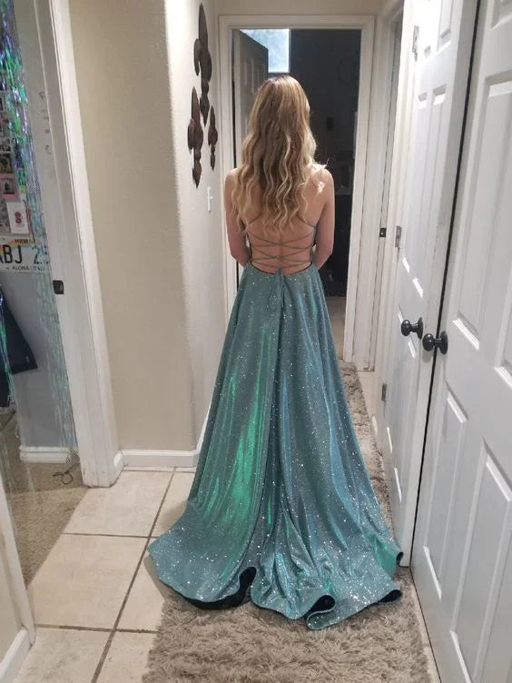 Vestido de noite cintilante em linha A com decote em V Vestido de formatura Y6754