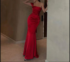 Vestido de Festa Elegante em Cetim Vermelho com Um Ombro, Vestido de Noite Vermelho Sedutor Y4063