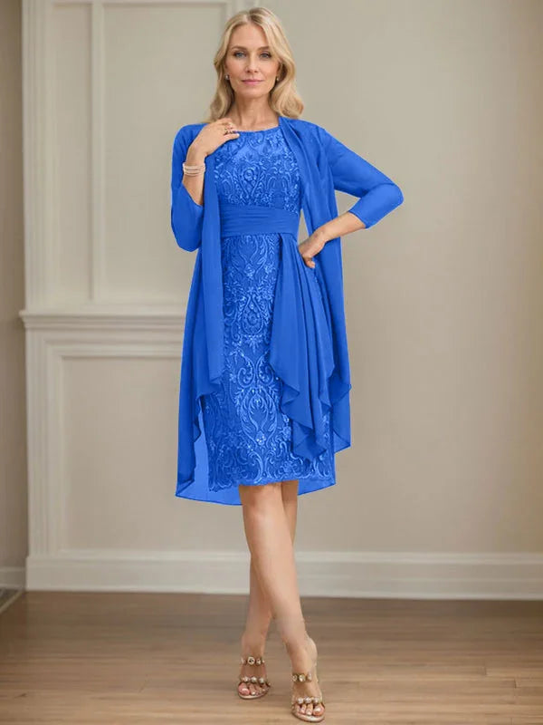 Etui/Säulenförmiges Kleid mit Illusion, knielang, aus Spitze und Chiffon, Brautmutterkleid mit herabfließenden Rüschen und Pailletten
