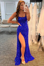 Vestidos de fiesta con lentejuelas brillantes Vestido formal con abertura alta Vestido de noche azul real Y75