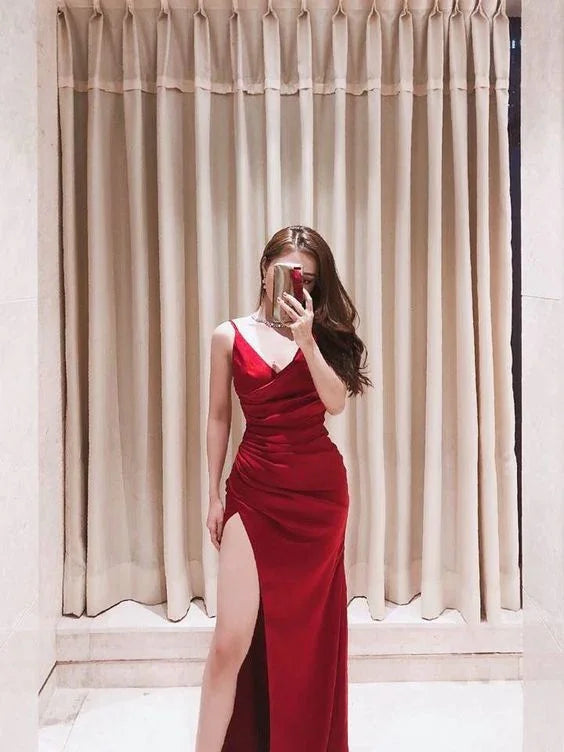 Vestido de noche rojo con tirantes finos sexy Vestido formal rojo Y5232