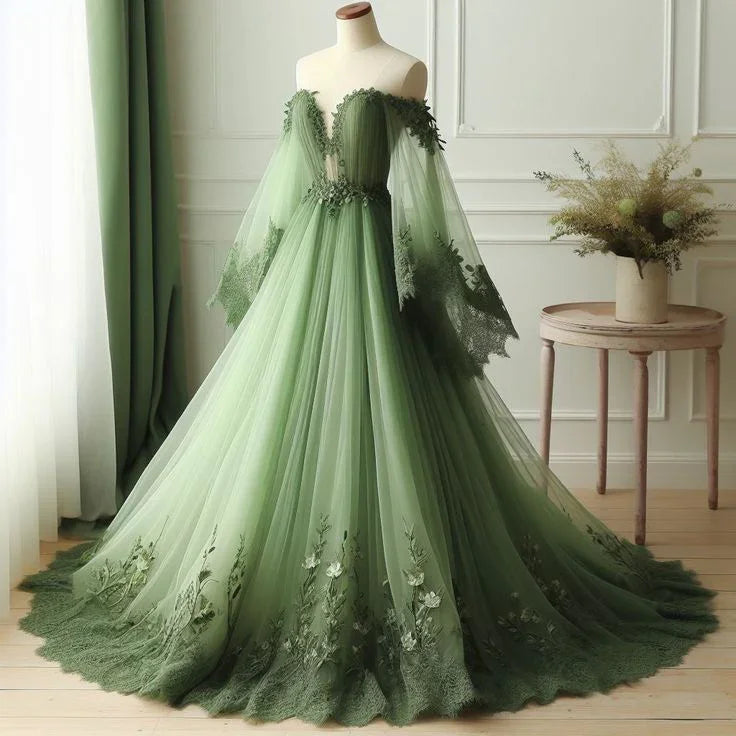 Einzigartiges schulterfreies Abendkleid aus Tüll mit Spitzenapplikation, grün, lang, Ballkleid Y8395