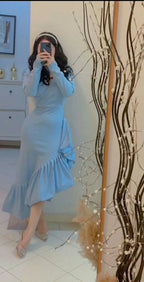 Vestido de fiesta formal azul elegante con escote en V y corte sirena Y8181