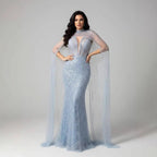 Robe de soirée de luxe en perles couleur nude avec traîne en tulle LA72189A