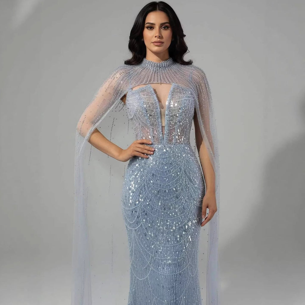 Robe de soirée de luxe en perles couleur nude avec traîne en tulle LA72189A