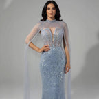 Robe de soirée de luxe en perles couleur nude avec traîne en tulle LA72189A