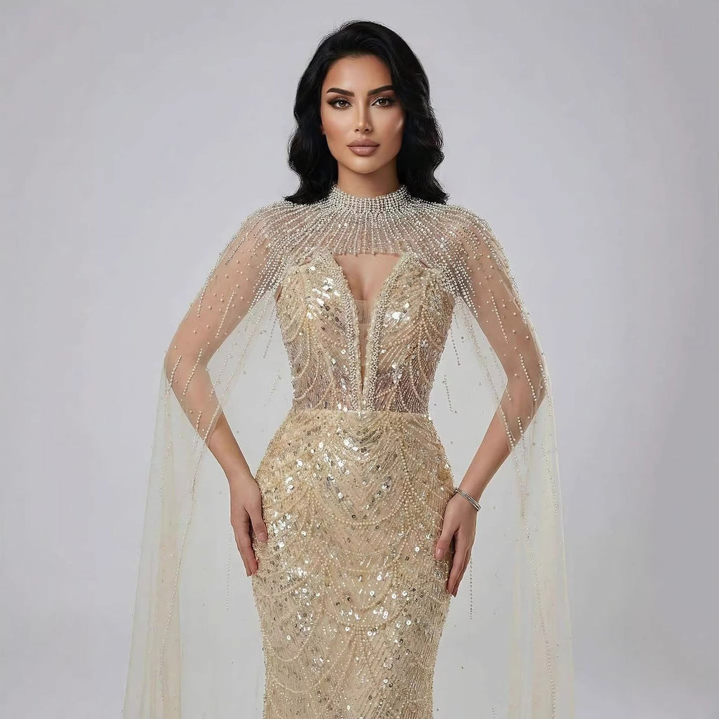 Robe de soirée de luxe en perles couleur nude avec traîne en tulle LA72189A