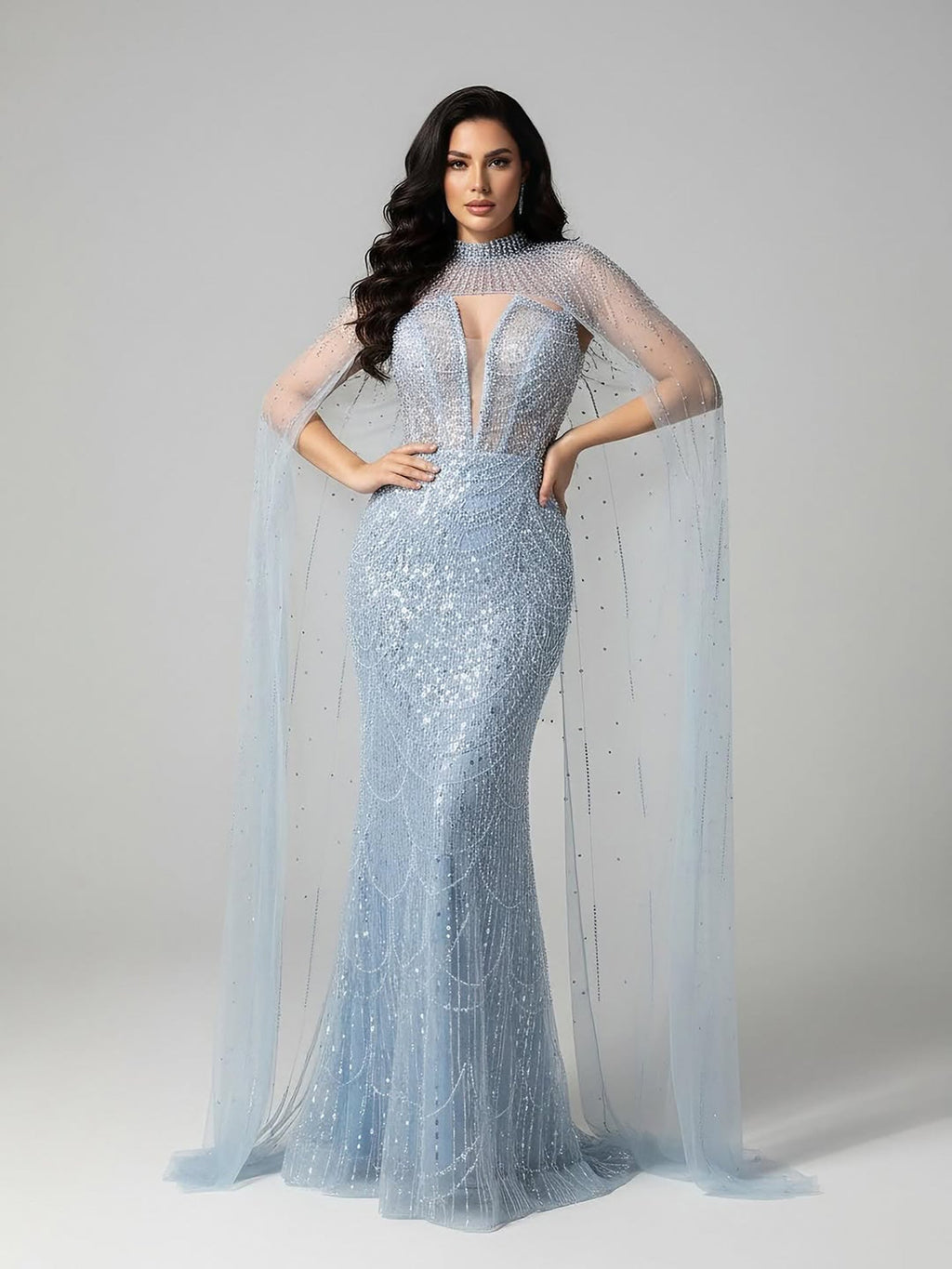 Robe de soirée de luxe en perles couleur nude avec traîne en tulle LA72189A