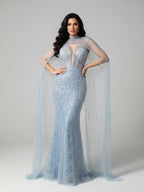 Robe de soirée de luxe en perles couleur nude avec traîne en tulle LA72189A
