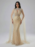 Robe de soirée de luxe en perles couleur nude avec traîne en tulle LA72189A