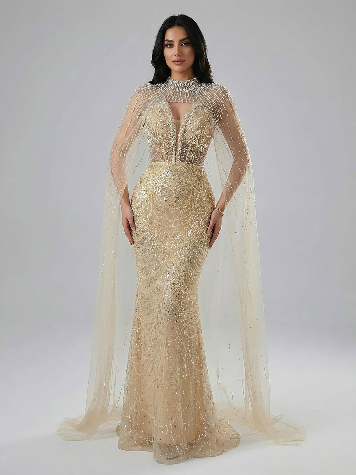 Robe de soirée de luxe en perles couleur nude avec traîne en tulle LA72189A