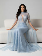 Robe de soirée de luxe en perles couleur nude avec traîne en tulle LA72189A