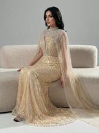 Robe de soirée de luxe en perles couleur nude avec traîne en tulle LA72189A