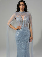 Robe de soirée de luxe en perles couleur nude avec traîne en tulle LA72189A