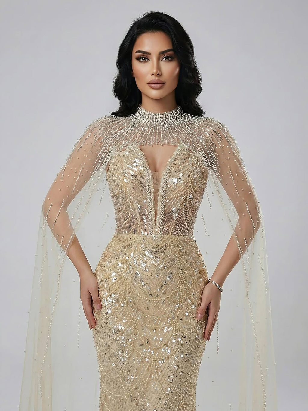Robe de soirée de luxe en perles couleur nude avec traîne en tulle LA72189A