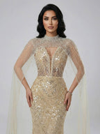 Robe de soirée de luxe en perles couleur nude avec traîne en tulle LA72189A