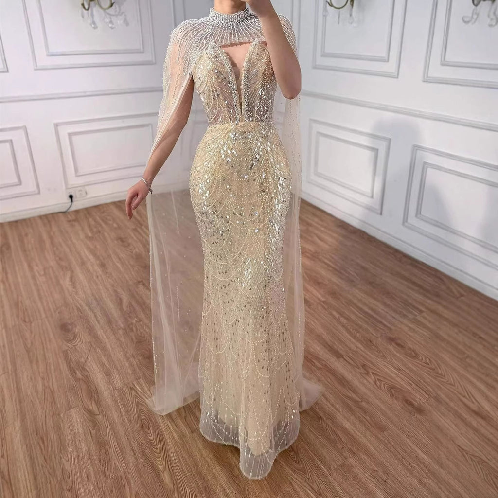 Robe de soirée de luxe en perles couleur nude avec traîne en tulle LA72189A
