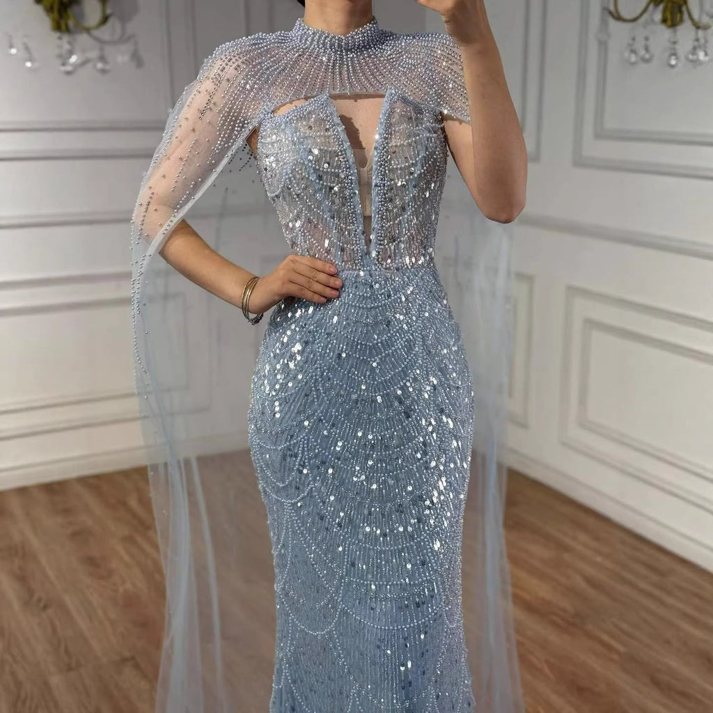 Robe de soirée de luxe en perles couleur nude avec traîne en tulle LA72189A