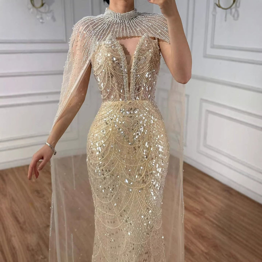 Robe de soirée de luxe en perles couleur nude avec traîne en tulle LA72189A