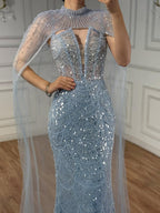 Robe de soirée de luxe en perles couleur nude avec traîne en tulle LA72189A