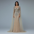 Vestido de Noite de Luxo de Dubai com Manguitos Tipo Capa Nude e Aplicações de Missangas LA72575A