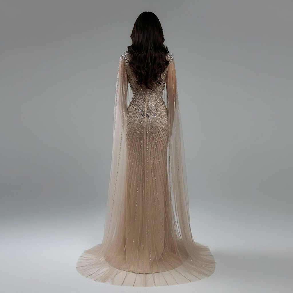 Vestido de Noite de Luxo de Dubai com Manguitos Tipo Capa Nude e Aplicações de Missangas LA72575A