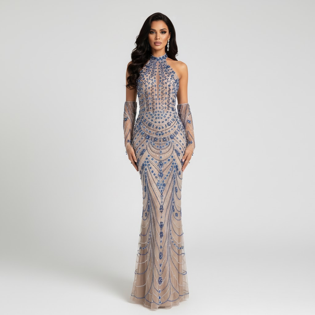Robe de soirée luxueuse bleu Kosovo avec gants LA72760C