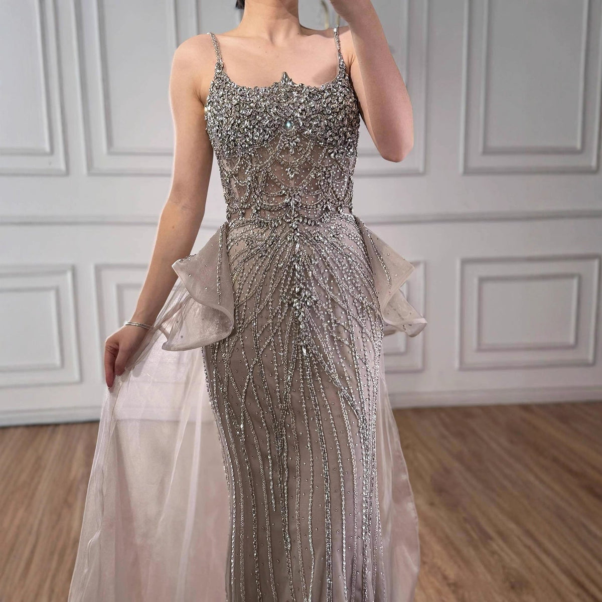 Robe de soirée sirène en strass caramel de luxe à bretelles spaghetti perlées LA72810A