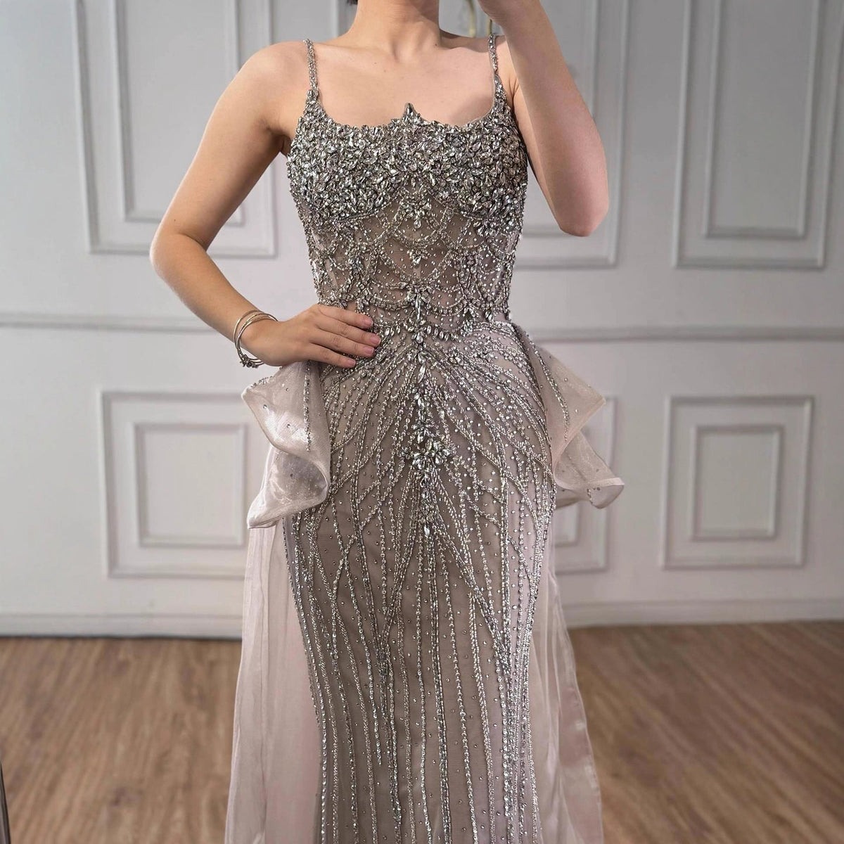 Robe de soirée sirène en strass caramel de luxe à bretelles spaghetti perlées LA72810A
