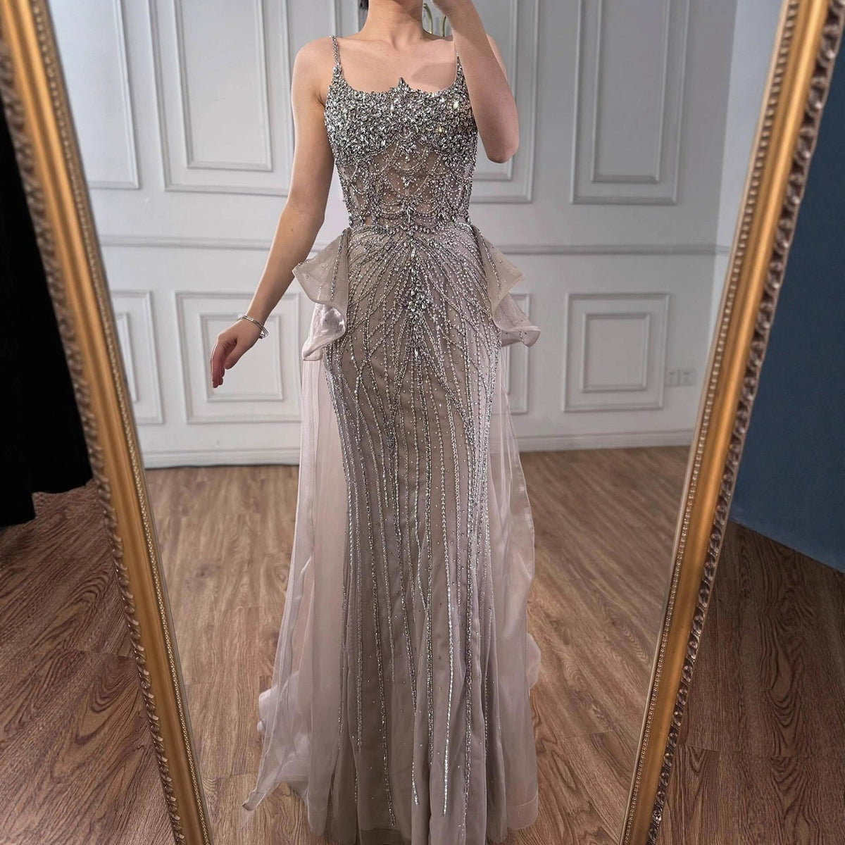 Robe de soirée sirène en strass caramel de luxe à bretelles spaghetti perlées LA72810A