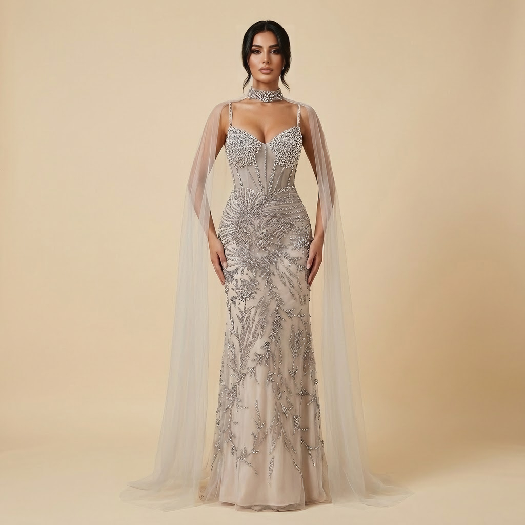 Robe de soirée de luxe grise perlée avec cape pour bal de promo LA73342