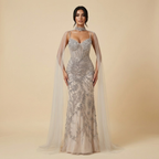 Robe de soirée de luxe grise perlée avec cape pour bal de promo LA73342