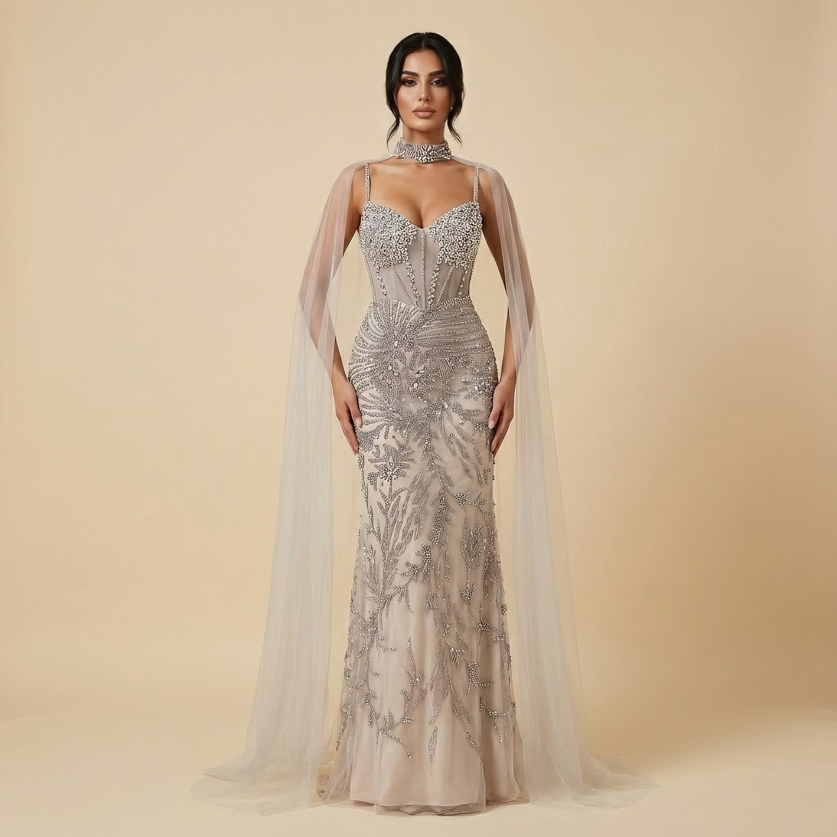 Robe de soirée de luxe grise perlée avec cape pour bal de promo LA73342