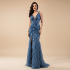 Abito da sera sirena con piume e perline blu lusso LA73369