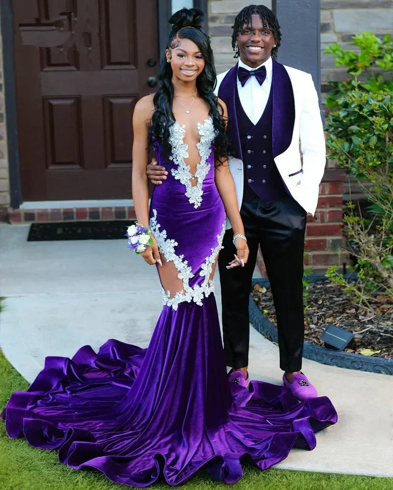 Nuevo vestido de noche morado sirena con encaje elegante cola de pez vestido de fiesta negro para niñas talla grande vestidos formales para ocasiones especiales Y6581