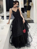 Glänzende schwarze Abendkleider mit V-Ausschnitt, rückenfreies schwarzes formelles Abendkleid mit V-Ausschnitt Y1148