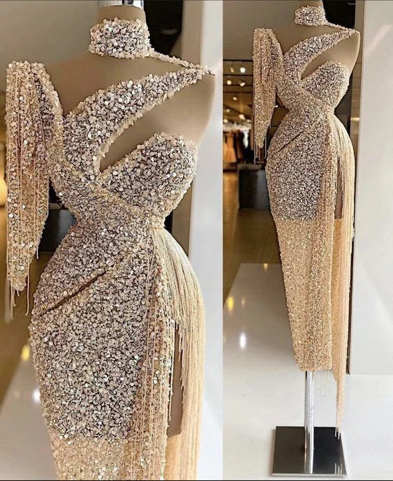 Abito da sera scintillante con paillettes, spacco laterale, monospalla con nappe, su misura Y6411