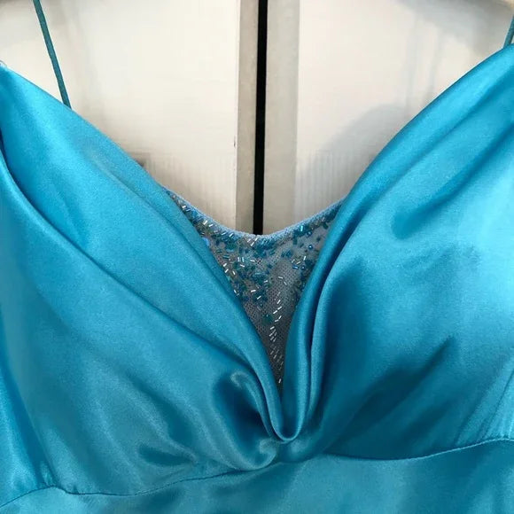 Simple Blue Spaghetti Straps Satin Mermaid Evening Dress Formal Prom Dress Y8404