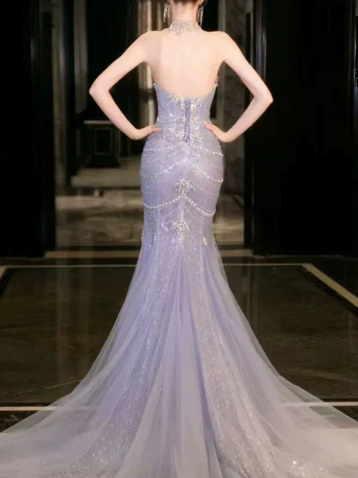 Vestido de Noiva e Baile de Finalistas em Tule Lilás Deslumbrante com Contas, Vestido de Noite Sereia Y8057