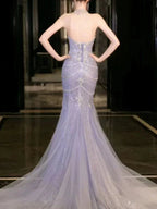 Vestido de Noiva e Baile de Finalistas em Tule Lilás Deslumbrante com Contas, Vestido de Noite Sereia Y8057