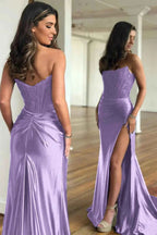 Fuchsia Strapless Corset Mermaid Long Satin Prom Dress with Slit