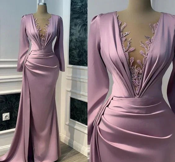 فستان سهرة بنفسجي قديم بأكمام طويلة وياقة على شكل حرف V بتصميم حورية البحر بطول الأرض Y6647