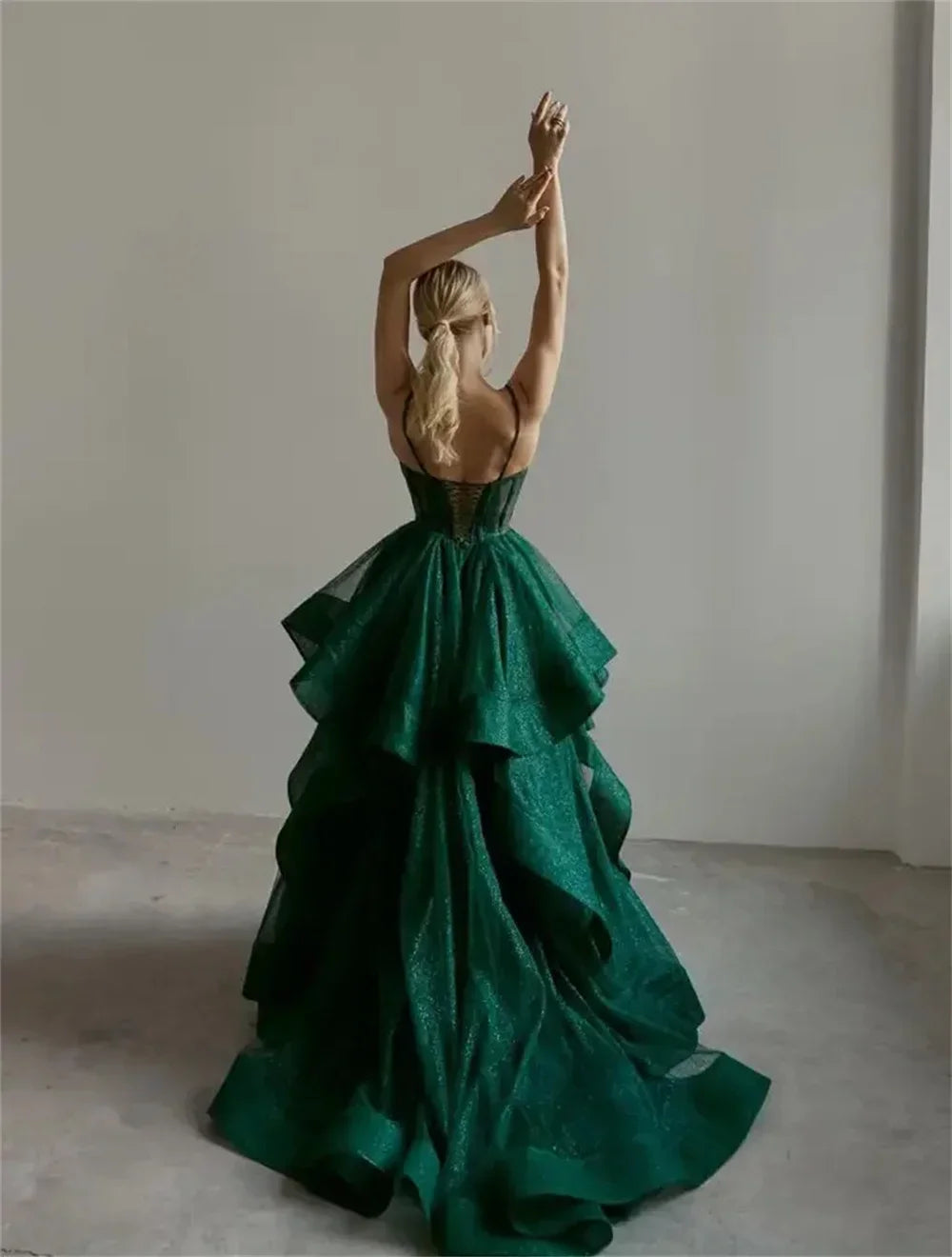 Vestido de Noite Brilhante Verde Corpete Vestido de Noite em Linha A Y6339