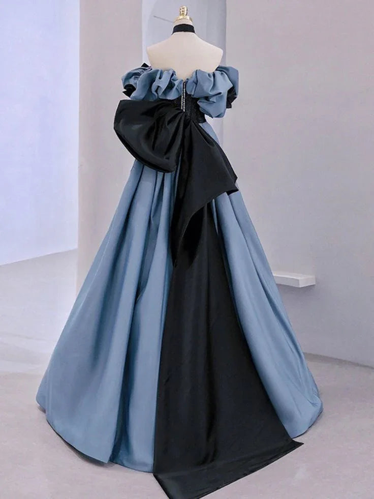 Blue Satin Lace Long Prom Dress Off Shoulder Evening Dress Y5621