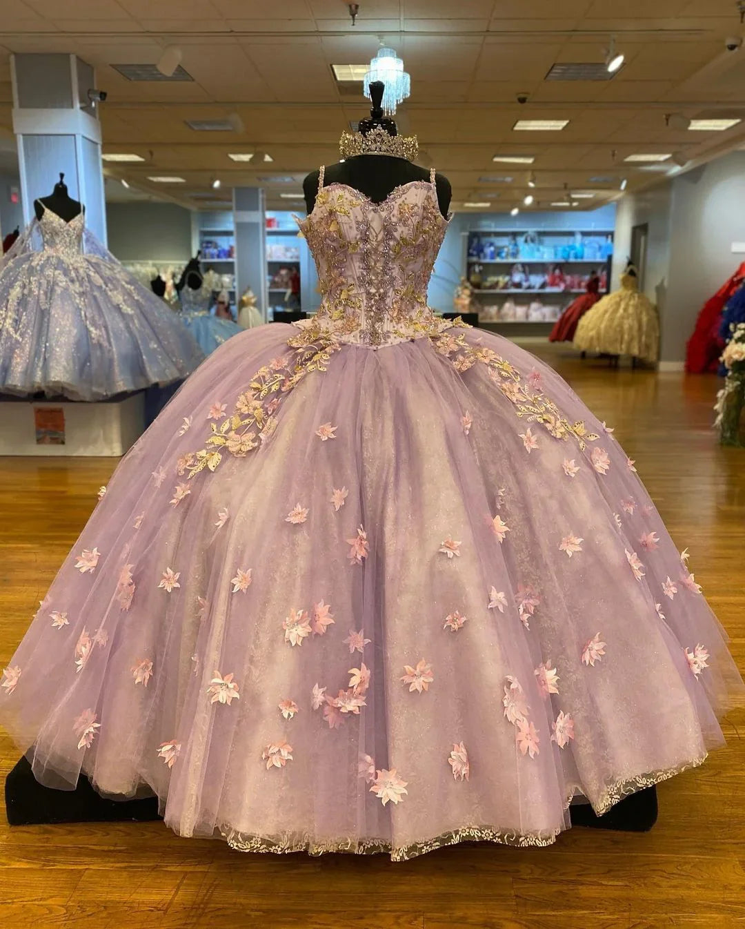 Hübsches Ballkleid mit Spaghettiträgern, 3D-Blumenverzierung, Schleppe und Spitzenfutter Y1247