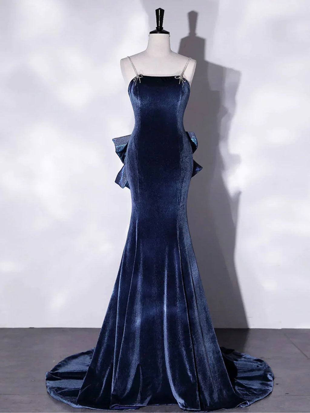 Vestidos de baile longos de veludo azul sereia vestido de noite longo de veludo azul Y4387
