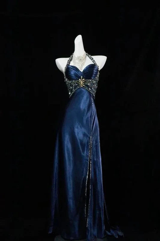 Vestido de Noite Formal Azul-Marinho Luxuoso com Contas e Fenda Vestido de Baile Y7723