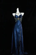 Vestido de Noite Formal Azul-Marinho Luxuoso com Contas e Fenda Vestido de Baile Y7723